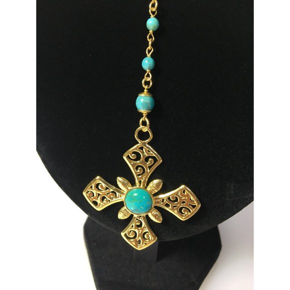 Rosary Beads Cross Necklace Gold Plated Turquoise Made in Italy - Picture 3 of 8